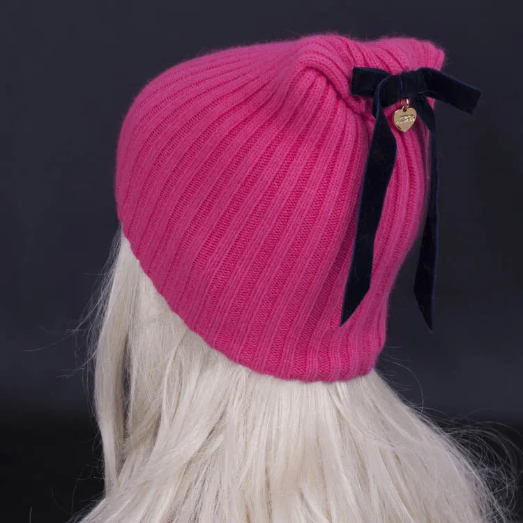 Новое поступление, зимние шапки из высококачественной шерсти. Личности бантом женские кашемировые шапки бини шапки Вязание шляпа/без полей для мужчин - Цвет: rose red