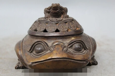 

7"chinese Feng Shui bronze wealth Coin Golden Toad statue incense burner Censer 06.08