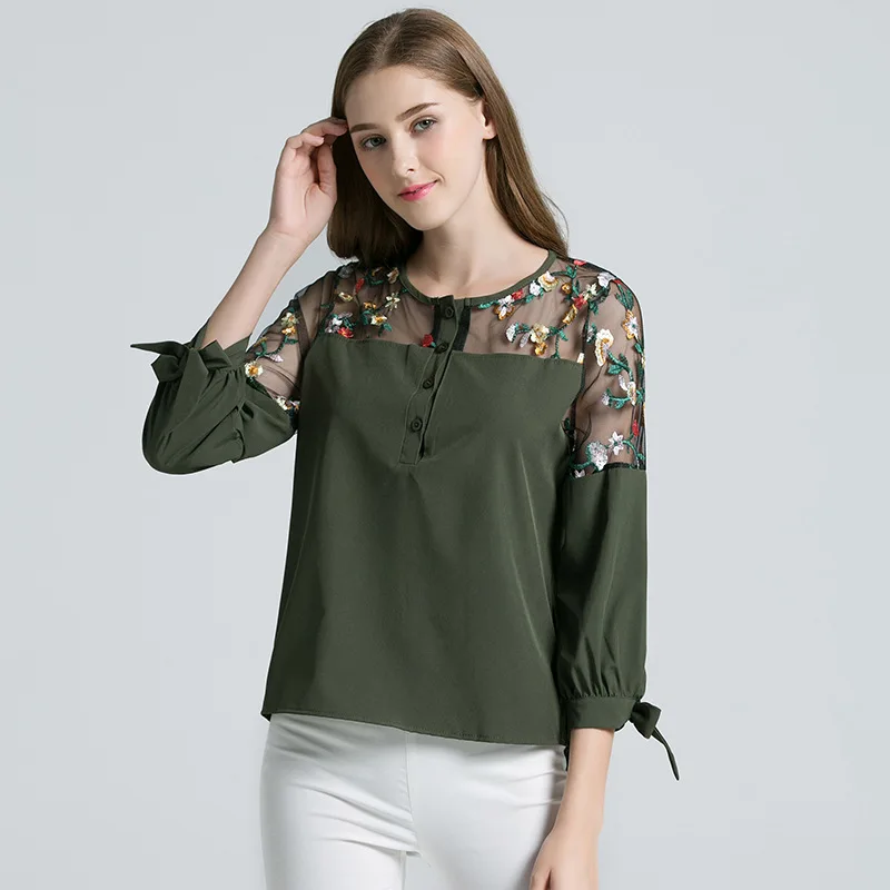

Embroidered Mesh Women Tops and Blouses Shirts Chiffon Patchwork Three Quater Sleeve Sweet Hollow Blouse Tops Shirt C264