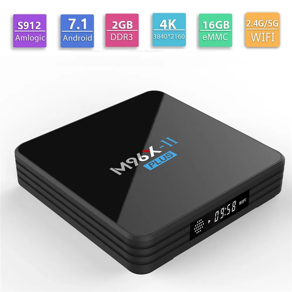 

M96X II Plus Smart TV Box Android 7.1 OS Amlogic S912 Octa core 2GB/16GB Digital Display 4K IPTV BT 2.4G/5G Dual WIFI 1000M LAN