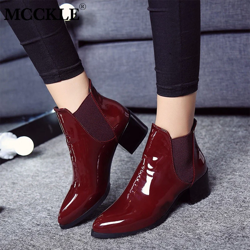 

MCCKLE Women Block High Heels Chelsea Boots Autumn Winter Ankle Boots Female Patent Leather Pointed Toe Short Fashionable Shoes