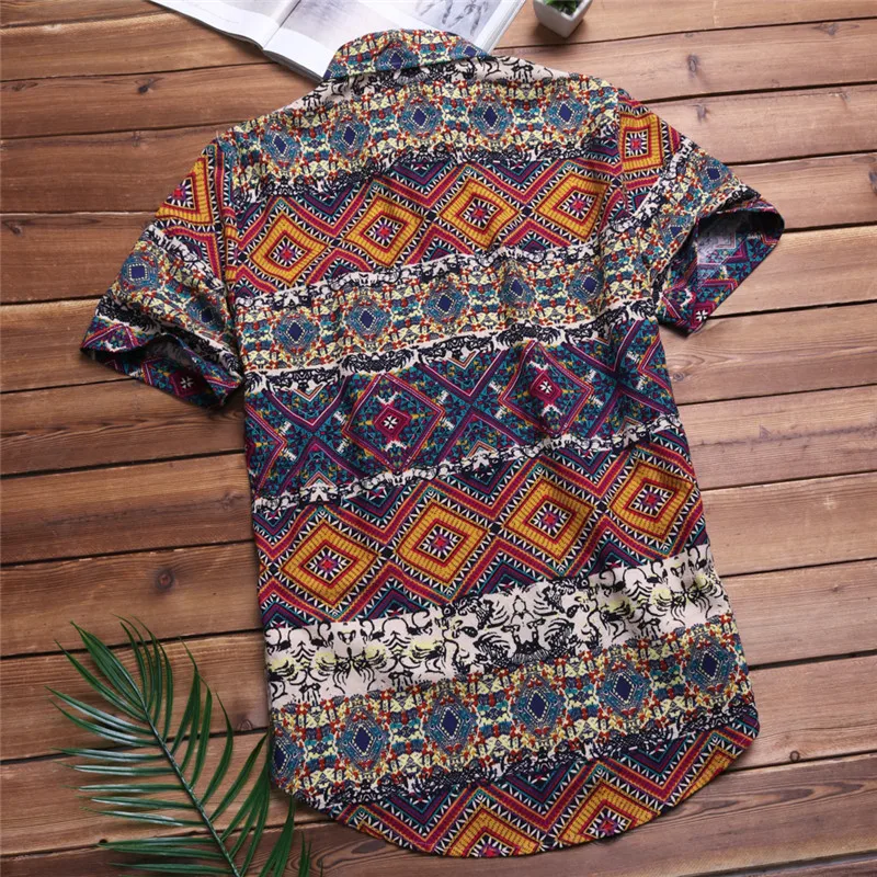 2018 Men Shirts Short Sleeve Printed Pocket Colorful Casual Blouse Ethnic Hawaiian shirt Male Tops Summer Chemise Plus Size 5XL