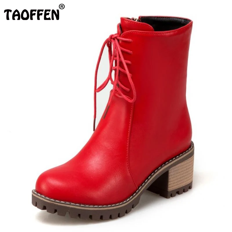 TAOFFEN/Размеры 34–43 Для Женщин Половина полусапожки с перекрестными ремешками сапоги на высоком каблуке с обувь на меху зимние ботинки зимние