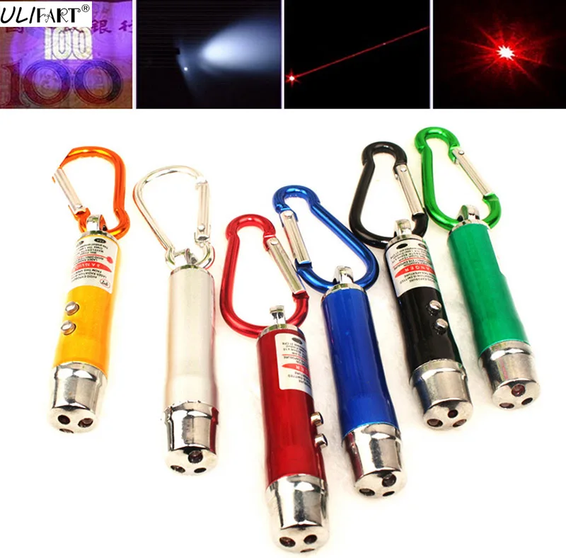 Mini Red LED Laser 3in1 Pointer 2 LED Flashlight UV Torch With Keychain Green