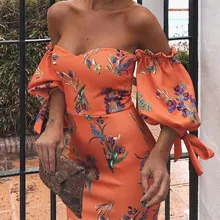 Сексуальное платье миди с открытыми плечами и вырезом лодочкой, с цветочным принтом, повседневное летнее платье с рукавами-фонариками, элегантное платье до колен, облегающее платье