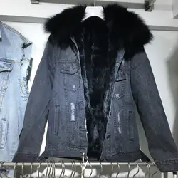 2018 Новинка зимы пальто Для женщин рваные хлопок утолщенной Меховая подкладка теплая джинсовая куртка пальто с настоящим меховой воротник