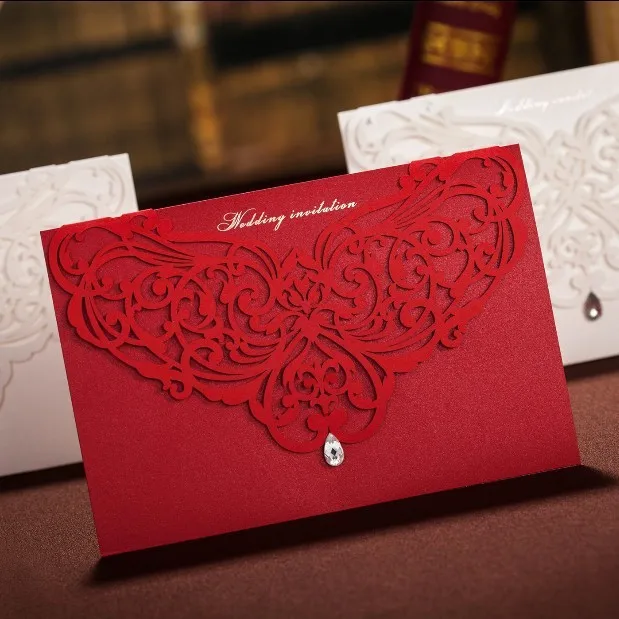 elegant red wedding invitations with diamond 2015 laser cut card