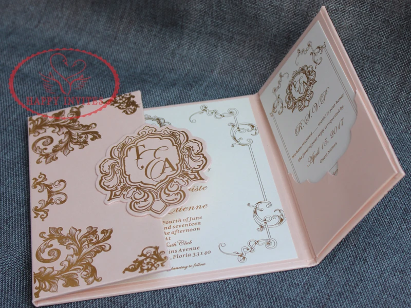 HI1142 - 03 Customized Pink Hard Cover Wedding Invitation Card with Gold Foil Made in China