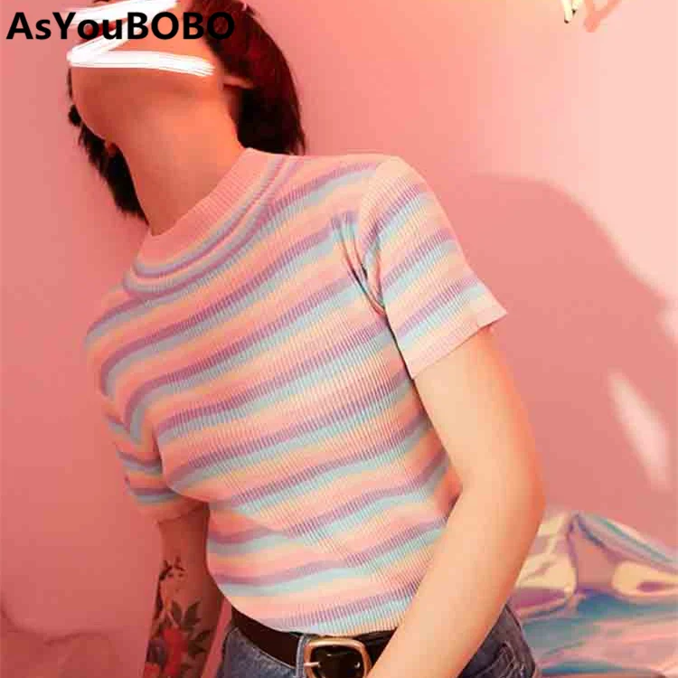 

Harajuku kwaii cute korean style rainbow Macaron color striped turtleneck knitting women short sleeve tee tshirts YQ-1013