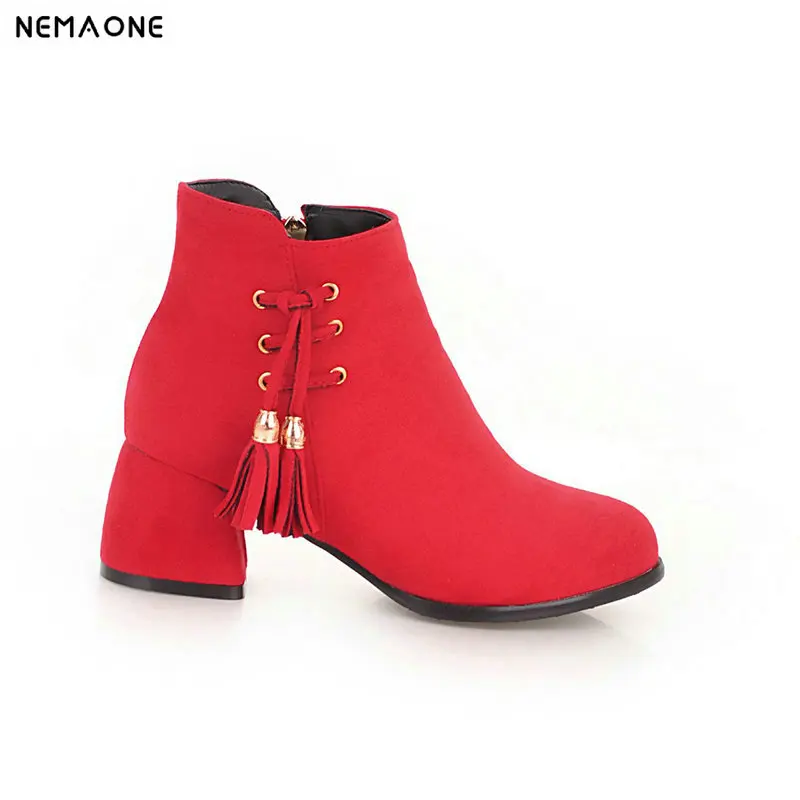 

NEMAONE women thick med heels ankle boots wedding shoes woman spring autumn ladies boots large size 43 black pink red apricot