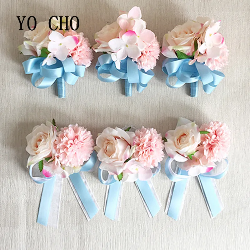 

YO CHO Wedding Prom Hydrangea Brides Wrist Corsages Roses Handmade Boutonnieres Groom Bridesmaids Groomsmen Flowers Boutonnieres