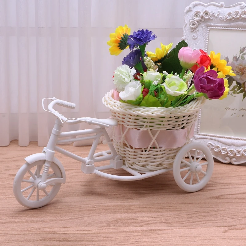

OOTDTY Cute Artificial Rattan Tricycle Bike Flower Baskets Vase Storage Wedding Party Decoration