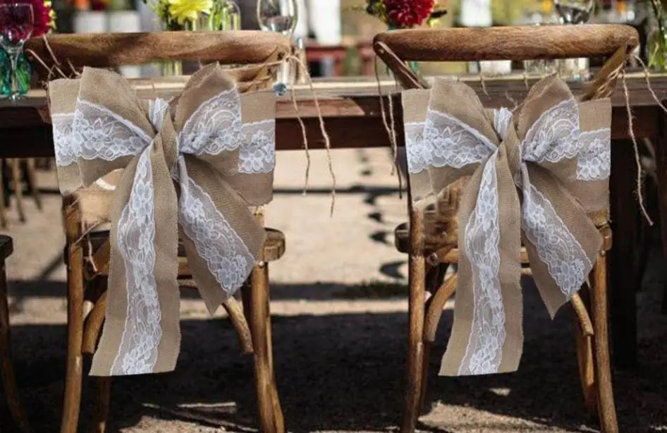 Sale Naturally Elegant Burlap Lace Chair Sashes Jute Chair Tie Bow For Rustic Wedding Party Event Decoration 15