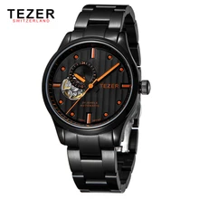 Free Shipping TEZER Brand Men Hombre Hollow Tourbillon Black Sapphire Stainless Waterproof Auto Calendar Mechanical Watch