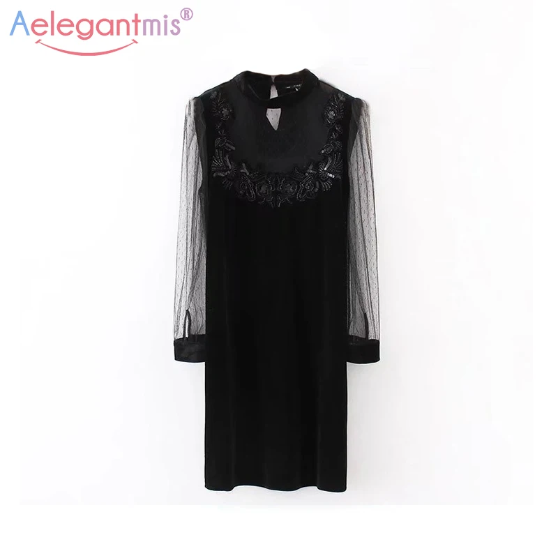 

Aelegantmis Perspective Mesh Sexy Party Dress Fashion Flower Patchwork Velvet Dress Ladies Black Velour Mini Dress Vestidos