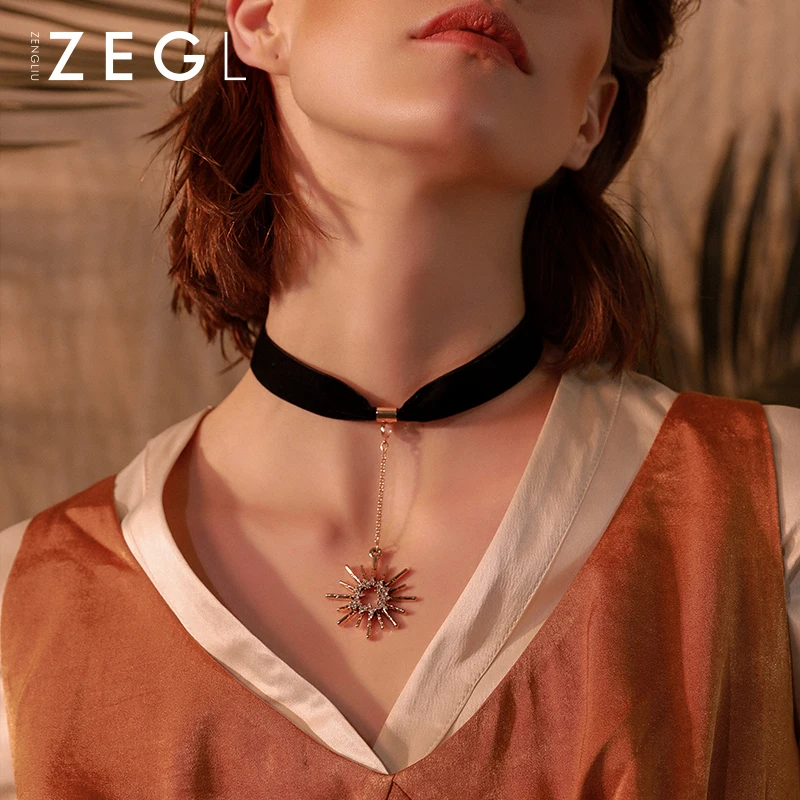 

ZEGL black velvet pendant choker necklace for women clavicle chain simple short collar neck jewelry