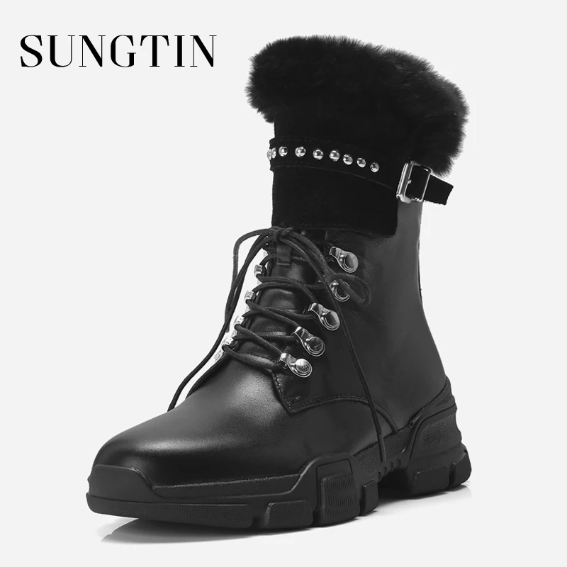 

Sungtin Genuine Leather Plush Warm Winter Boots Fashion Platform Women Ankle Boots Lace-up Short Riding Boots Ladies Booties