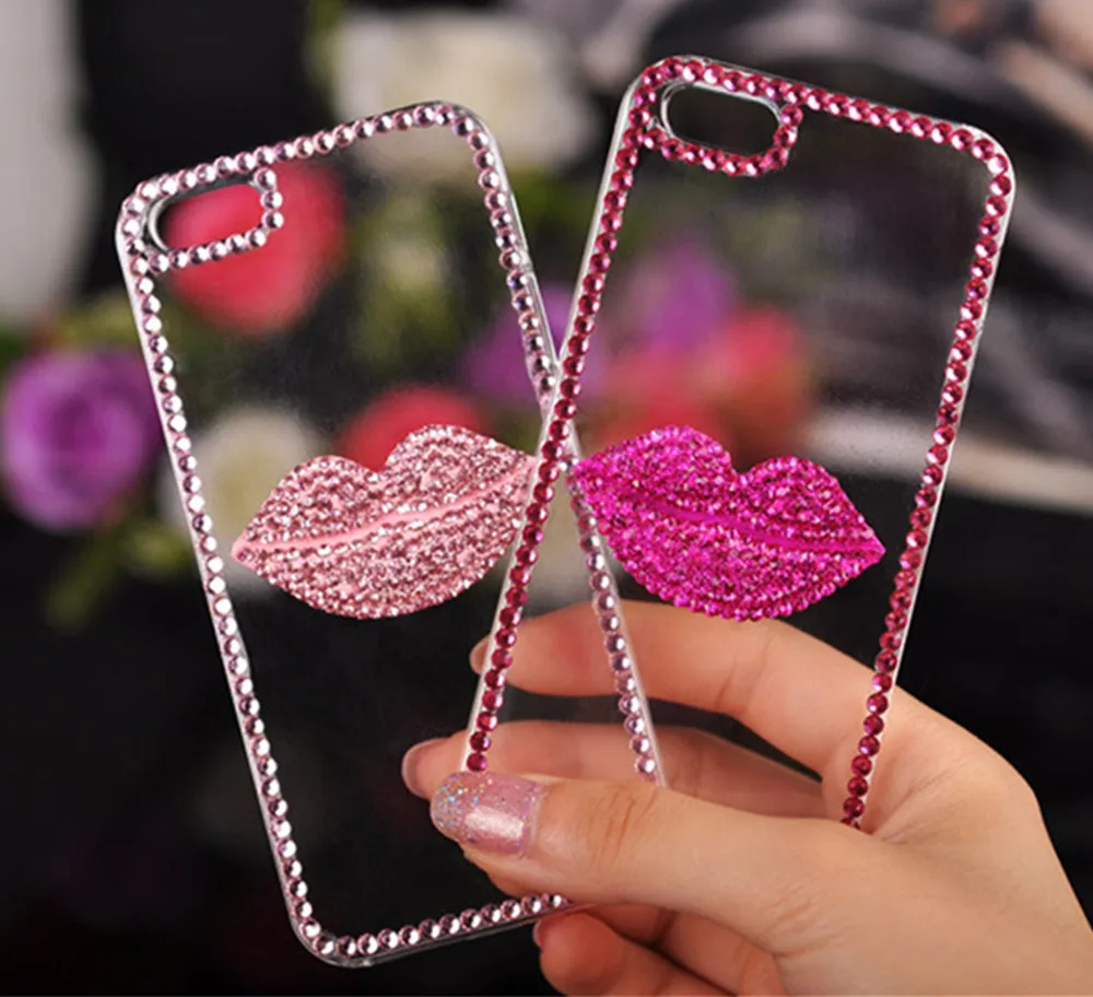 

Bling Diamond Transparent Soft TPU Phone Case Pink Lip Case Cover For iPhone XR Xs 11 Pro Max 5s 6 6s plus 7plus 8plus