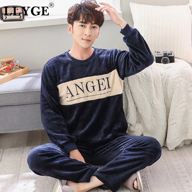 

LLYGE Cartoon Mens Pajama Sets Spring Coral Fleece Thick Pyjama Suit Sleepwear Men Casual Flannel Warm Nightgown Dropshipping