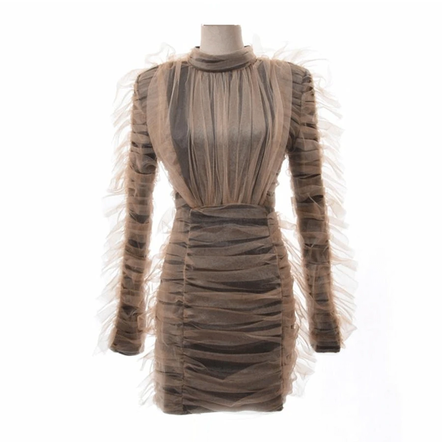 Подиумное высококачественное новое поступление женское платье с длинным рукавом винтажное мини-платье со стоячим воротником кружевное стильное тонкое платье Vestidos