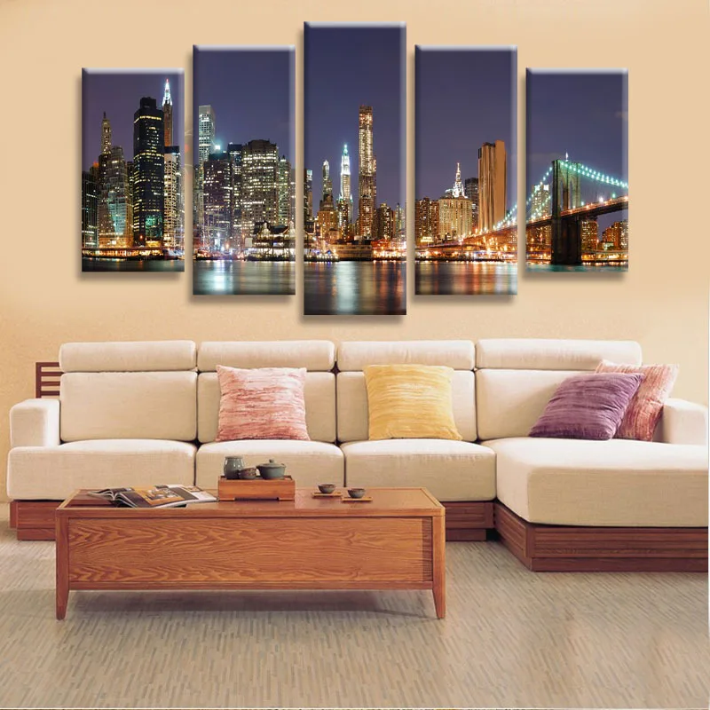 

5 Piece Canvas Art Printed Canvas Oil Painting City Night Cuadros Decoracion Wall Picture For Living Room Framed Modern Style