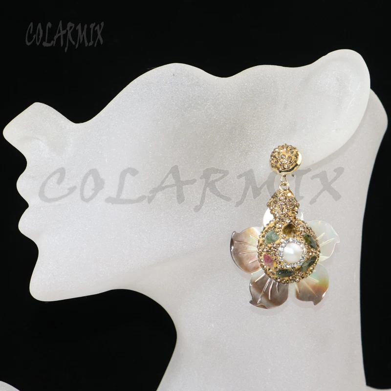 

3 Pairs Flower shell earrings Pave gold color rhinestone jewelry earrings gift for lady 8042