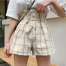Летние новые свободные повседневные клетчатые шорты с высокой талией и шнуровкой для женщин