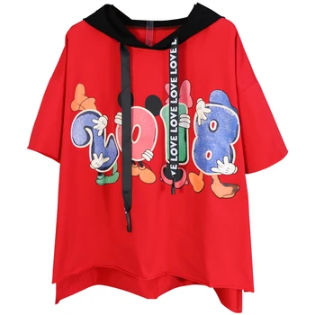 

Letter Cartoon Printing Students Tops New Summer Fashion Loose Women's Pullovers Short Sleeve Hooded T-shirts for Feminine