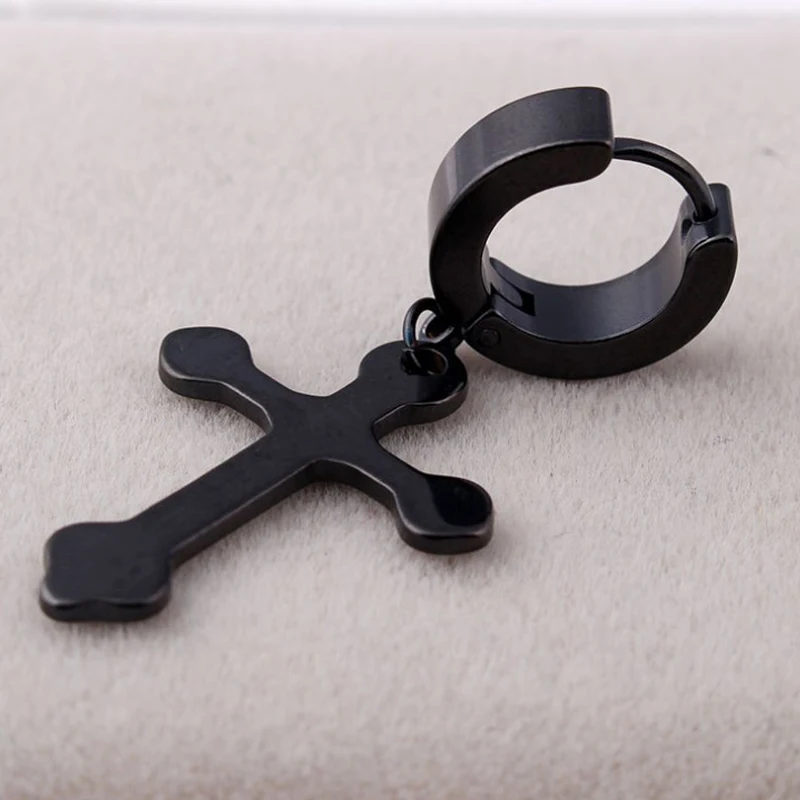 

1pcs Simple Trendy Black Color Cross Tone Stainless Steel Hoop Earrings Round Loop Earring For Men