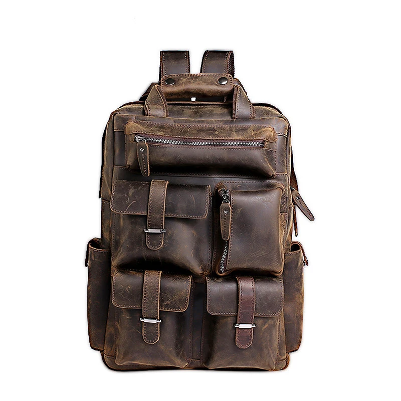

Mens Handcrafted Crazy Horse Genuine Leather Vintage Laptop Backpack Women Leather Shoulder Bag College School Backpack Large