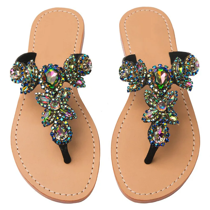 2017 Fashion Beach Sandals Women Summer Rhinestone Slippers Women's shoes Flat heel Slides Flip-flop zapatos mujer Plus size 47