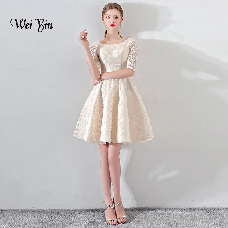 

weiyin New Champagne Half Sleevelss Cocktail Dress Elegant Embroidery Mini Length Formal Dress Party Gown WY884