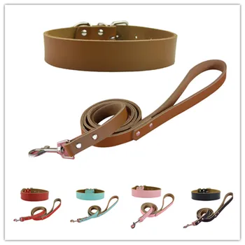 

High Quality Pet Collar Solid Color Cowhide Leather Medium and Large Dog Collar and Leash Lead Set