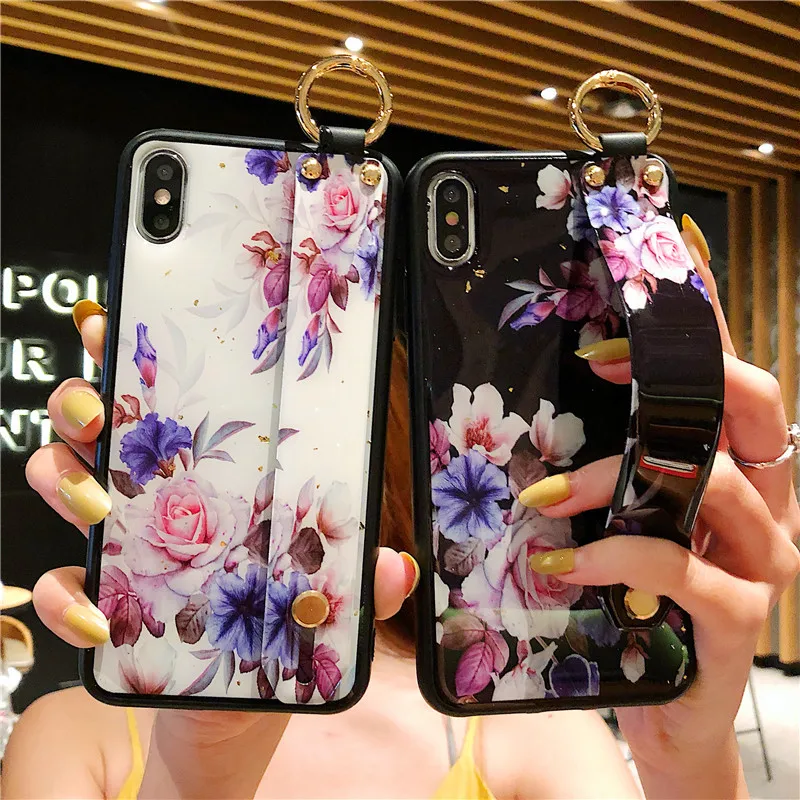 

Wrist Strap Soft TPU Case For iphone 7 8 6 6s plus Case For iphone X Xs max XR Vintage Flower Pattern Phone Holder Case