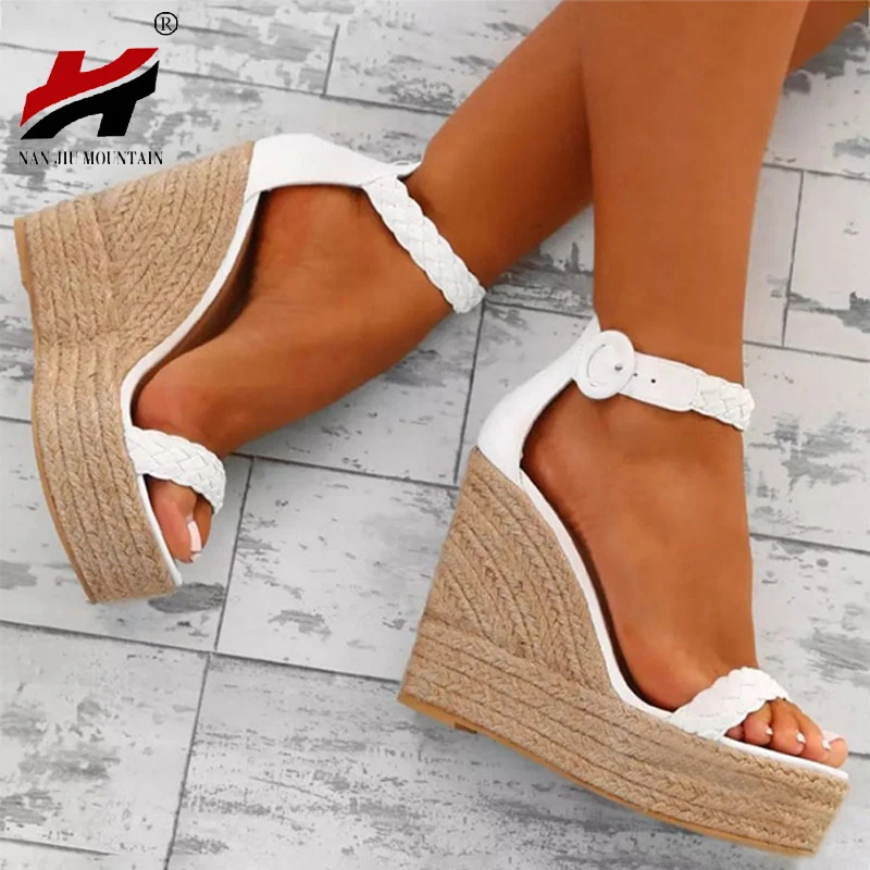 

NAN JIU MOUNTAIN Summer Sandals Open Toe Weave Buckle with Super High Heel Wedges Waterproof Table Large Size 34-43