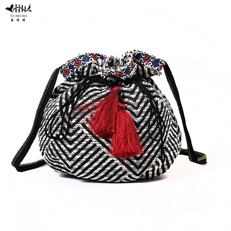 

Vintage Fashion Gypsy Bohemian Bags Woman Pop Striped Mini Bucket Bag Women Lady Girl Fringe Tassel Shoulder Cross Body Bags