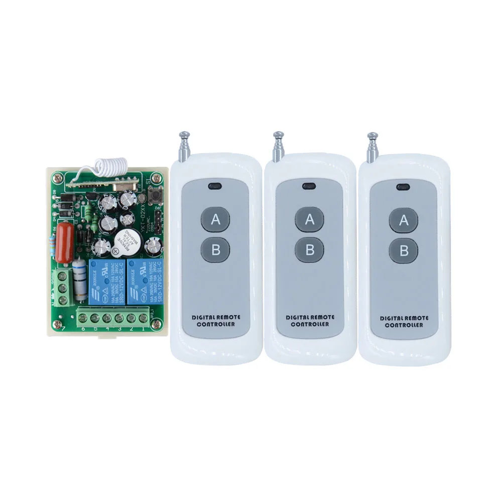 

220V 2CH 10A Relay RF Wireless Remote Control Light Switch System Receiver With 100-1000M 3PCS 2-Button controller