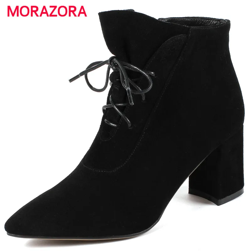 

MORAZORA 2018 new autumn winter lace up cow sueded leather boots fashion square heel women boots sexy high heel ankle boots