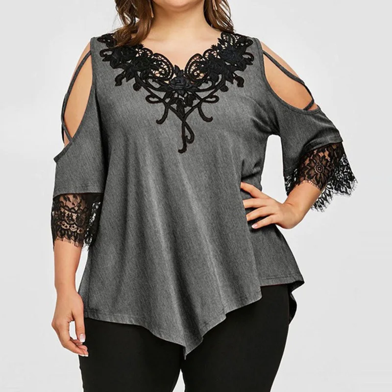 

V Neck Lace Tunic Women Shirts Off Shoulder Three Quarter Sleeve Ladies Summer Blouses 2019 Fashion Plus Size Loose Female Tops