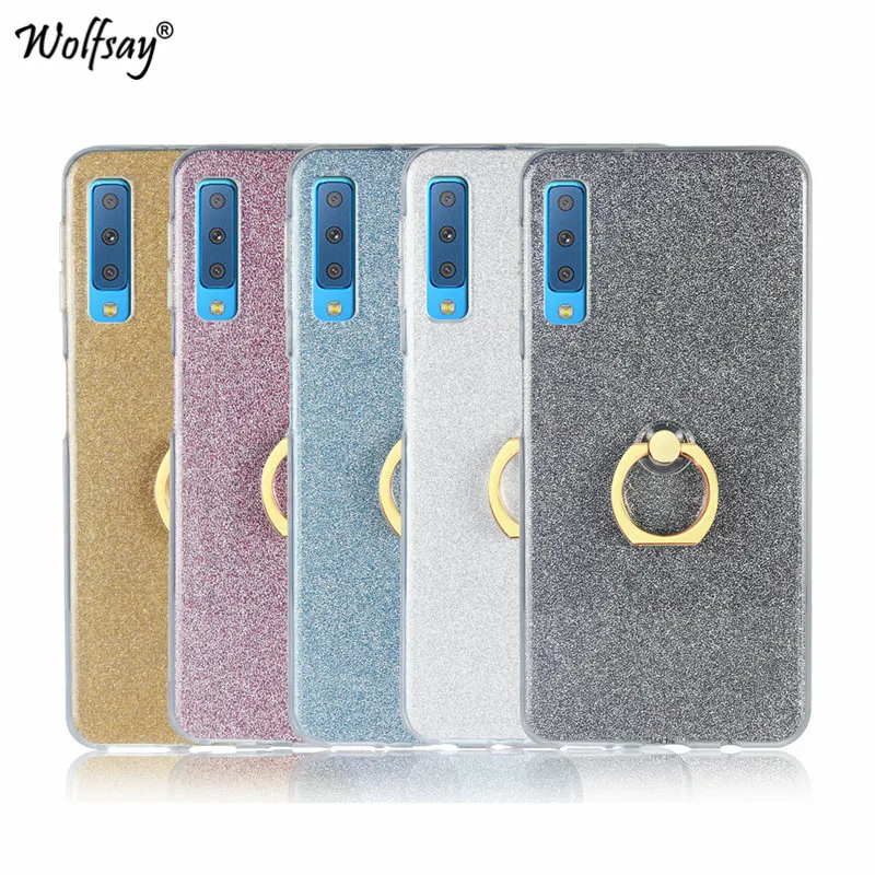 Роскошный чехол сверкающий с блестками для samsung Galaxy A7 2018 Обложка мягкая кольцо из