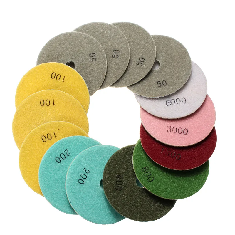 

Doersupp 15PCS/set Diamond Polishing Pads 4 Inch Wet/Dry Set Granite Stone Concrete Marble 50/100/200/400/800/1500/3000/6000