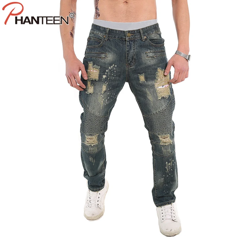 

Phanteen Vantage Washed Man Jeans Ripped Fold Motorcycle Straight Casual Jeans New Arrival Fashion Men Brand High Quality Jeans