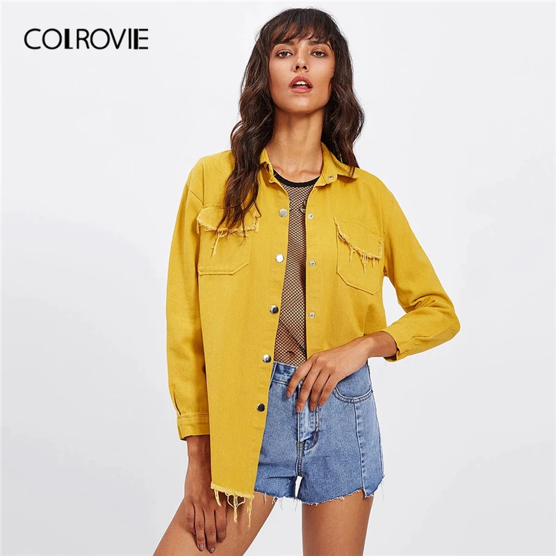 Женская однобортная джинсовая куртка COLROVIE Повседневная Верхняя одежда желтого