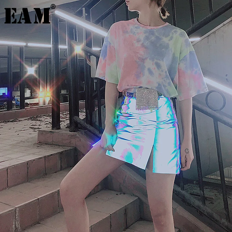 

[EAM] 2019 New Spring Summer Round Neck Short Sleeve Pattern Printed Gradual Color Big Size T-shirt Women Fashion Tide JS916