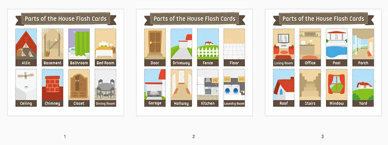 3pcs Set House English Flash Cards Early Education Kids Montessori