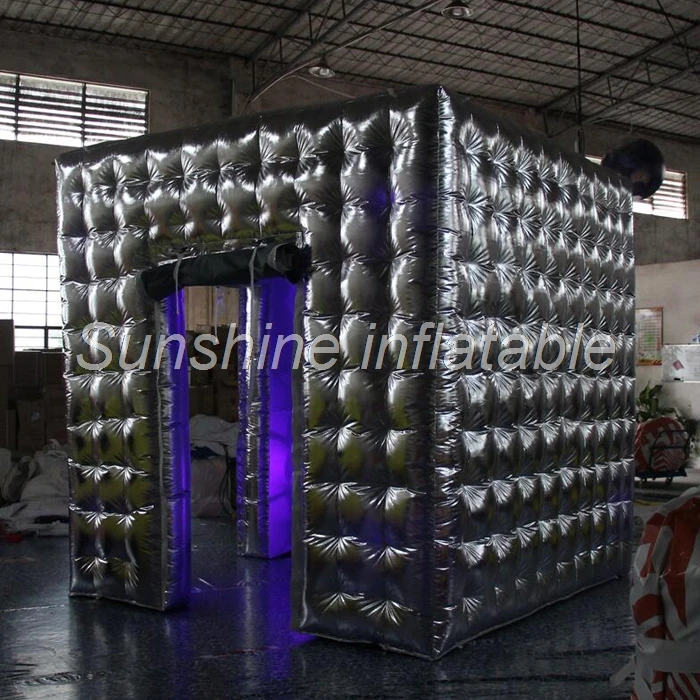 

Shining silvery outer white interior cube inflatable photo booth enclosure inflatable mini tent photo booth studio with LED