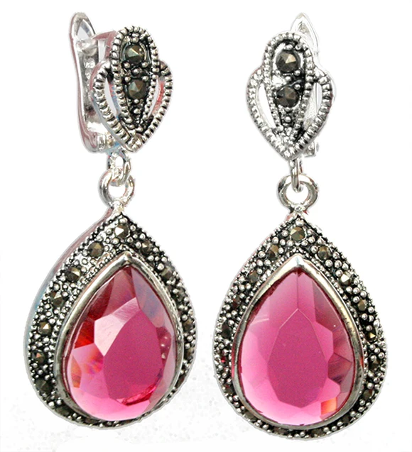 

Genuine 925 Silver Faceted pink Crystal Marcasite Waterdrop Earring 1 1/2