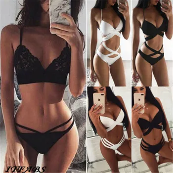 

2019 New Bandage Backless Bikini Set Women Low Waist Swimsuit Solid Swimwear Deep-V Beach Wear Bikinis Sexy Bathing Suit
