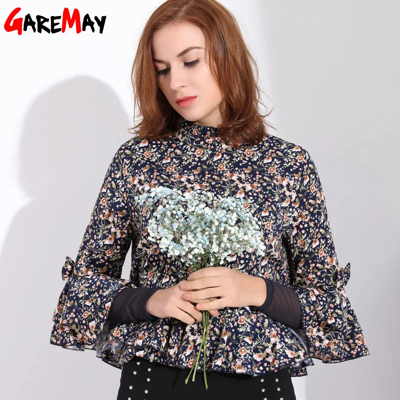 Garemay Flower Print Chiffon Blouse Shirts Women Tops