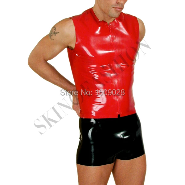 

Free shipping !! Red sleeveless latex tops rubber waistcoat without shorts